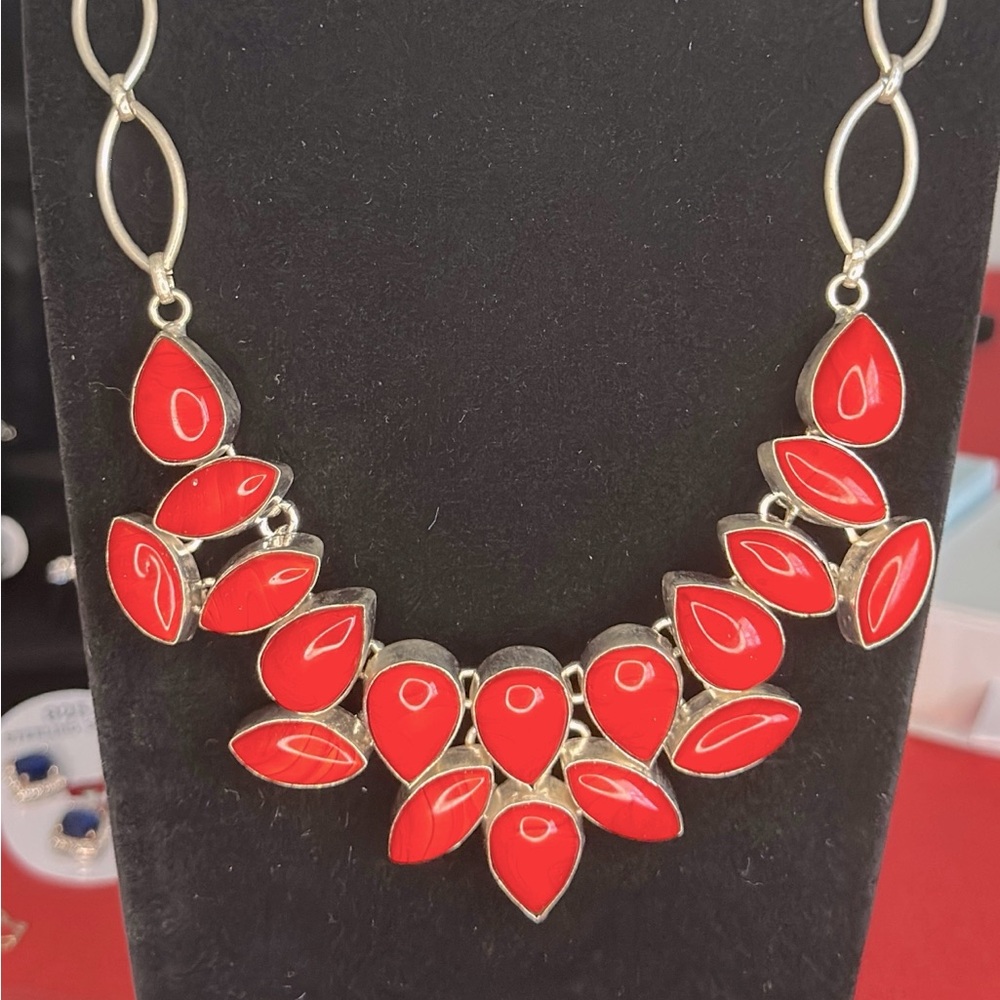 Sterling Silver with Red and Gold Bib Necklace with Vibrant Stones